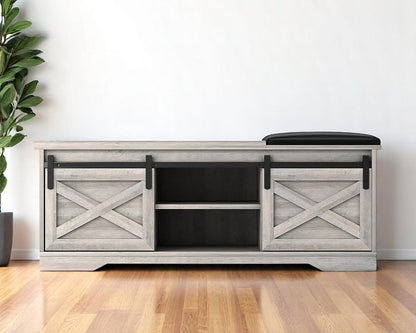 47" Gray And Black Wood And Faux Leather Storage Bench with Shelves