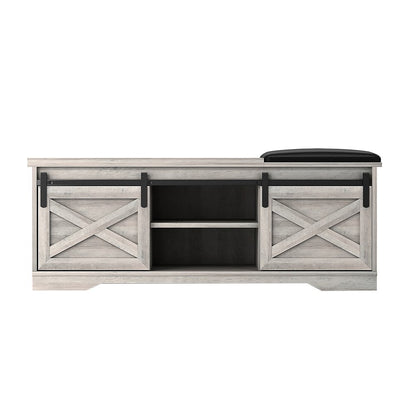 47" Gray And Black Wood And Faux Leather Storage Bench with Shelves