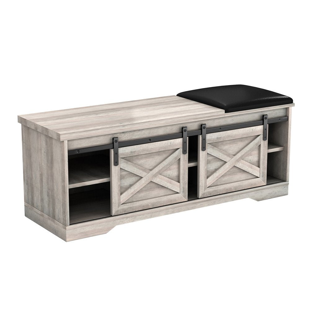 47" Gray And Black Wood And Faux Leather Storage Bench with Shelves