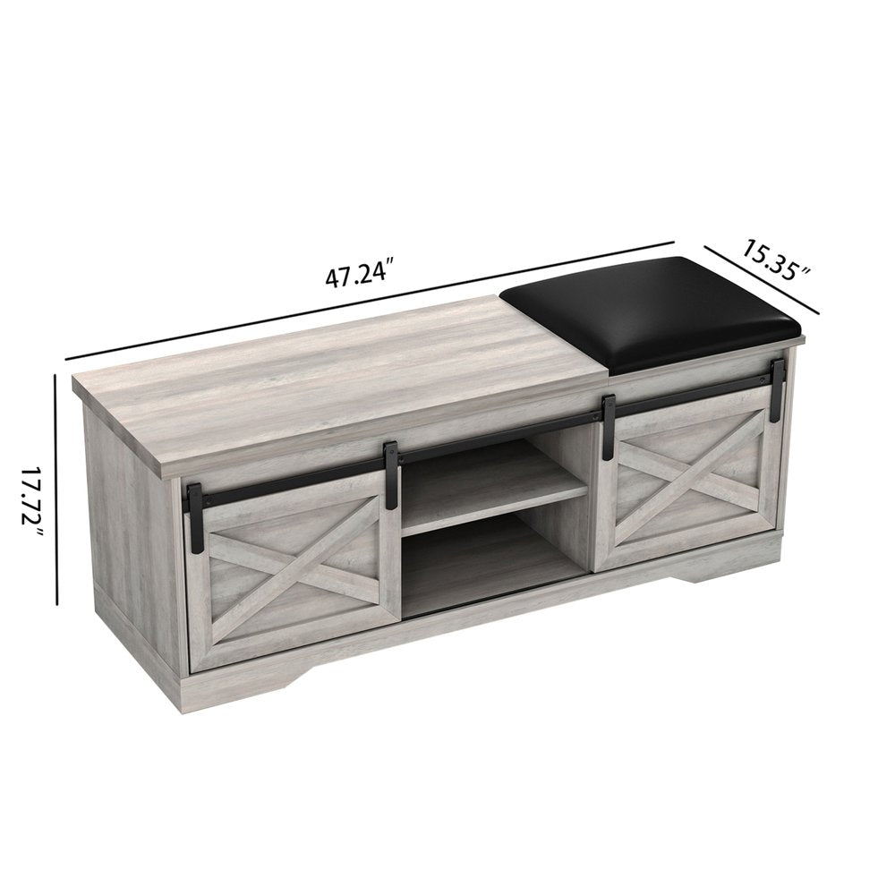 47" Gray And Black Wood And Faux Leather Storage Bench with Shelves