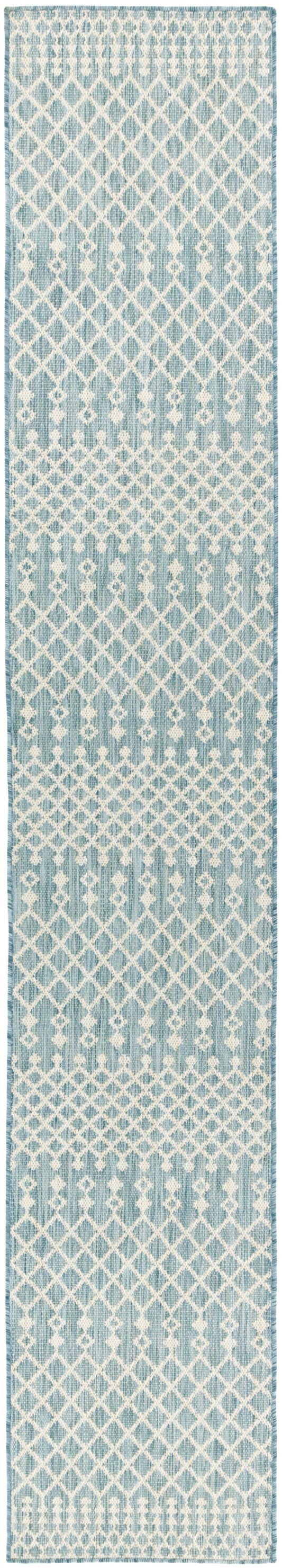 Blue and white geometric lattice runner rug; narrow woven textile with diamond trellis pattern, ideal hallway or stairs.