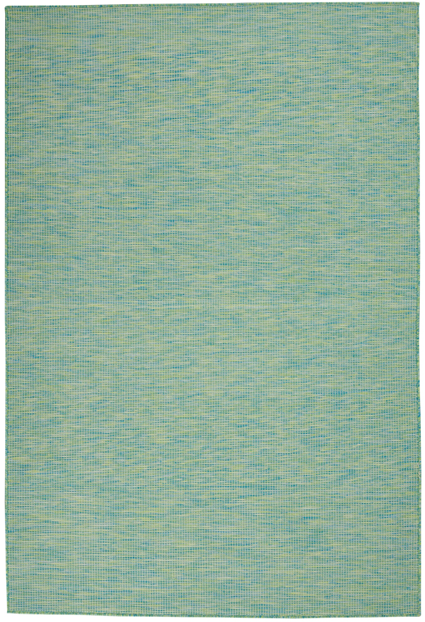 Rectangular teal-green woven rug with textured pattern and thin border.