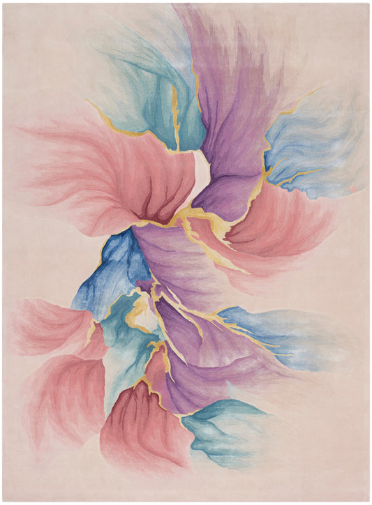 Pastel abstract floral rug featuring pink, purple, blue petals with gold outlines on a cream background.