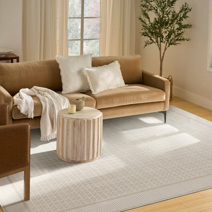 Light gray rug on the floor in a sunlit living room with a beige fabric sofa with white fringe pillows, a round wooden coffee table, and a potted tree.