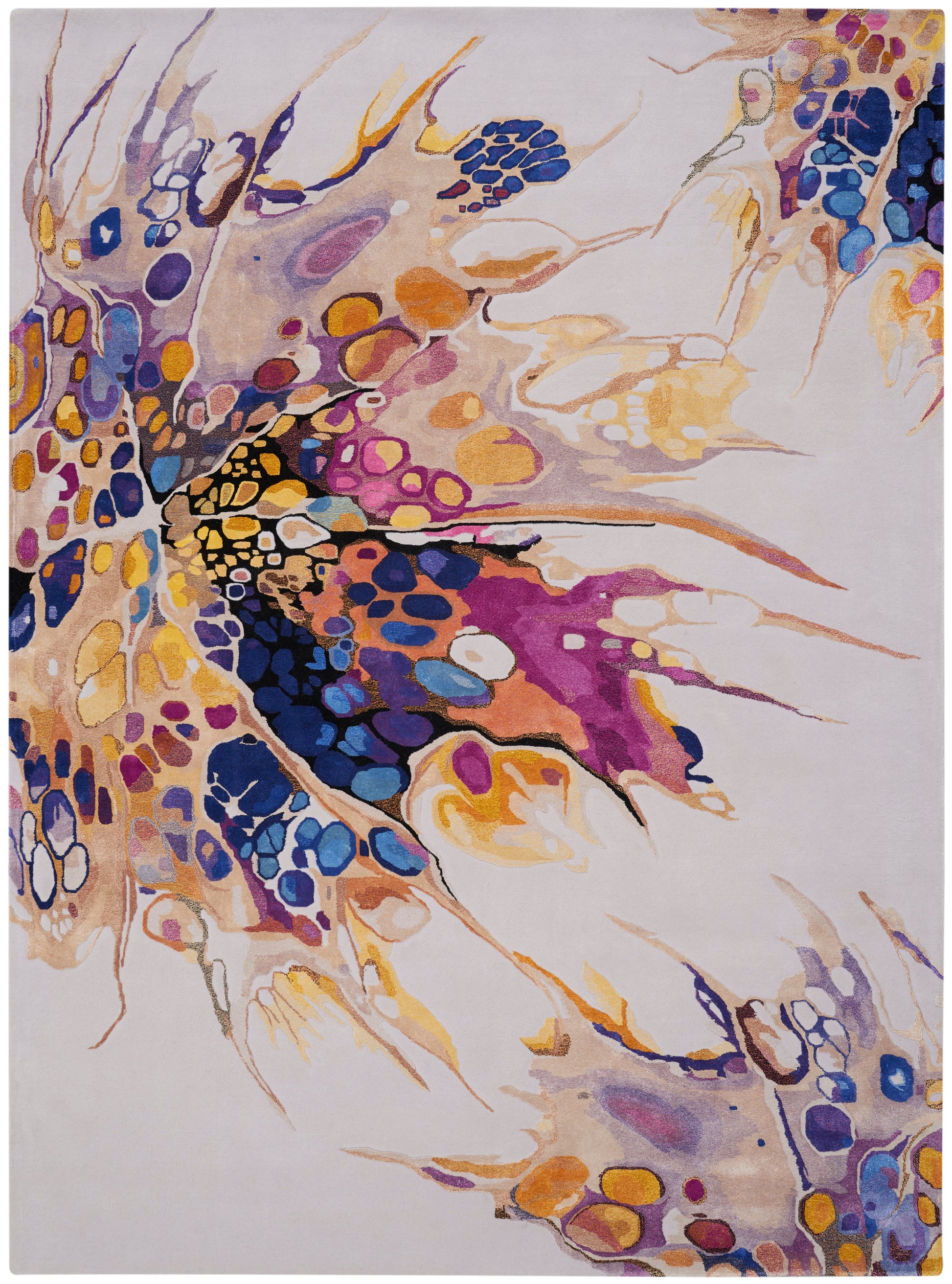 Abstract floral area rug with purple, blue, yellow, pink petals on cream backdrop; painterly, dynamic design.