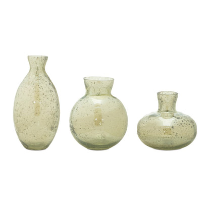 Set of Three Sage Green Seeded Bubble Glass Table Vases
