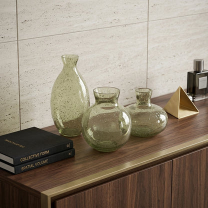 Set of Three Sage Green Seeded Bubble Glass Table Vases