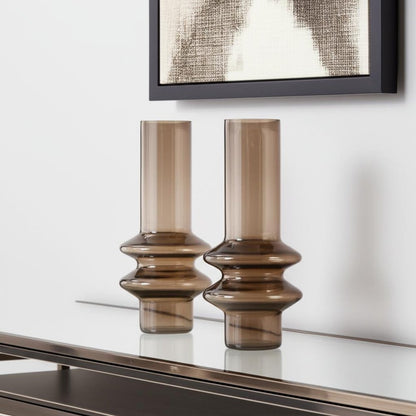 Set of Two Translucent Taupe Glass Cylinder Table Vases