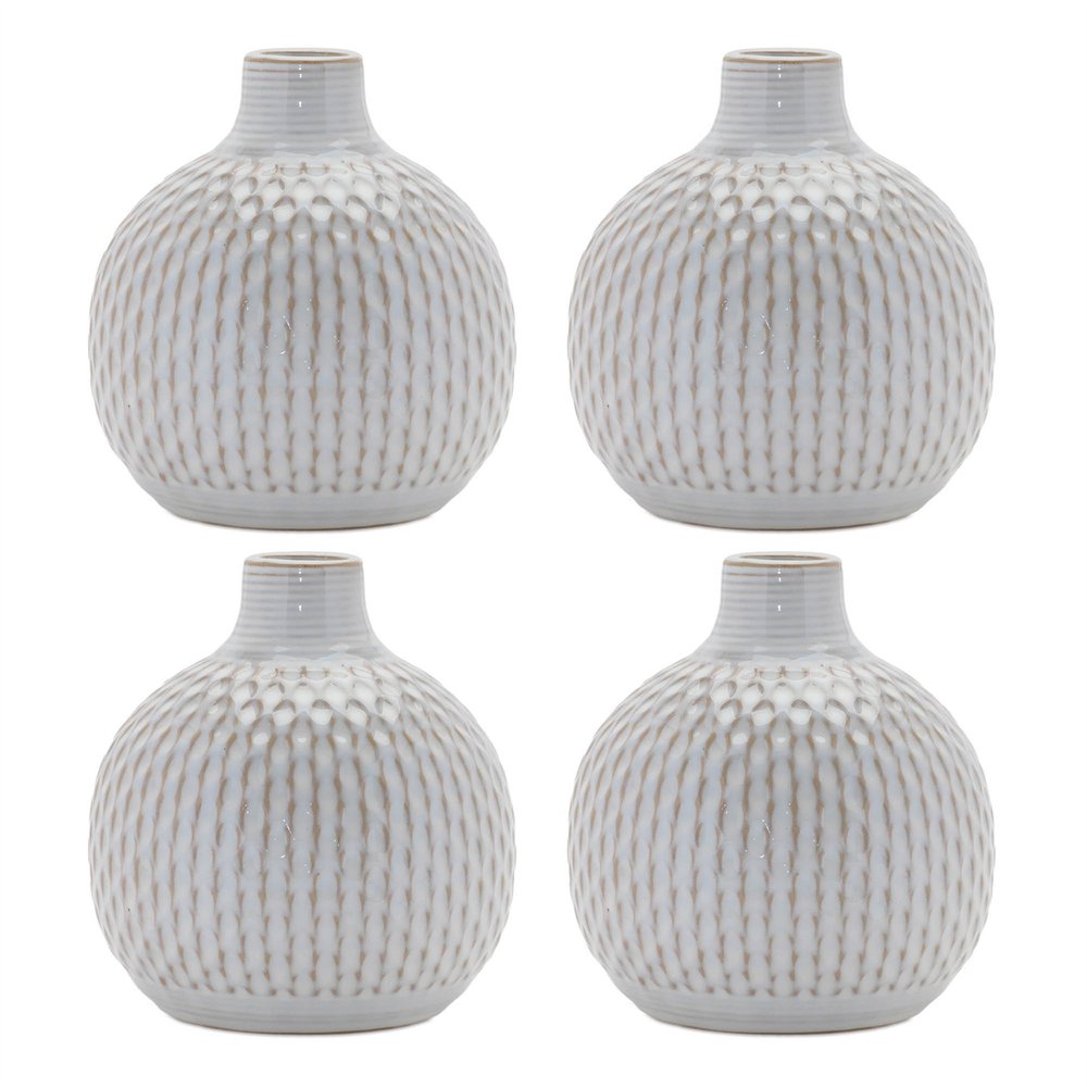Set of Four Natural And Off White Ceramic Bud Vases With Sculptural Details