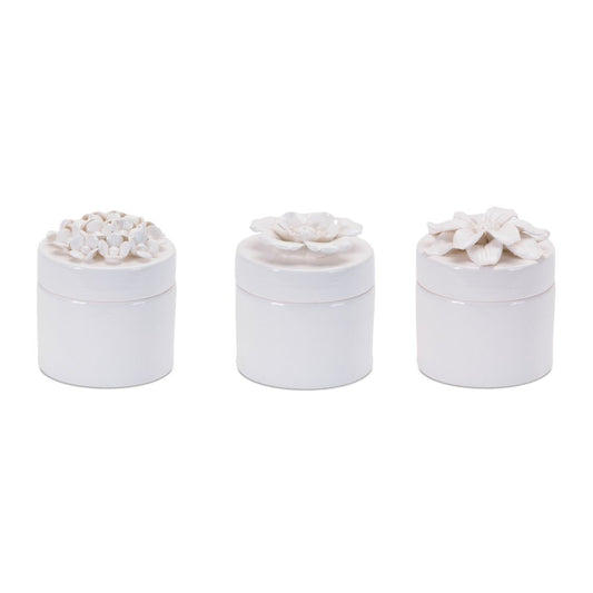Set of Three White Ceramic Flowers Decorative Keepsake Boxes
