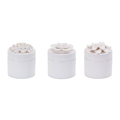 Set of Three White Ceramic Flowers Decorative Keepsake Boxes