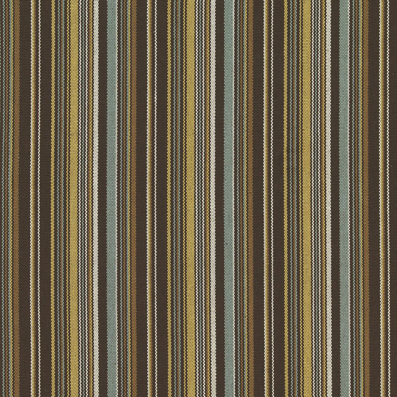 Earth-toned vertical striped fabric with brown, olive, tan, cream and gray hues; woven upholstery textile.