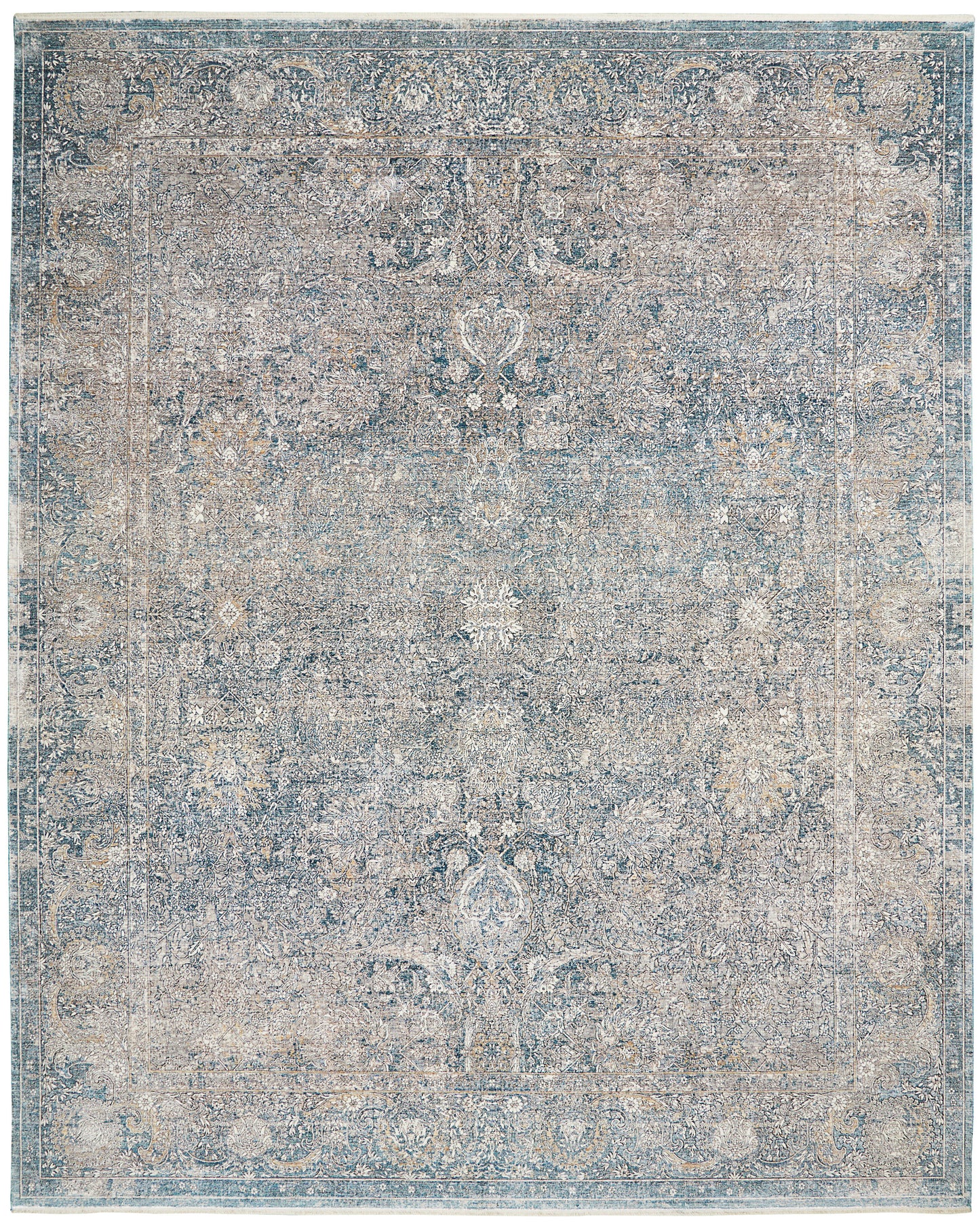 Distressed blue-gray oriental rug with faded central medallion and ornate border details.