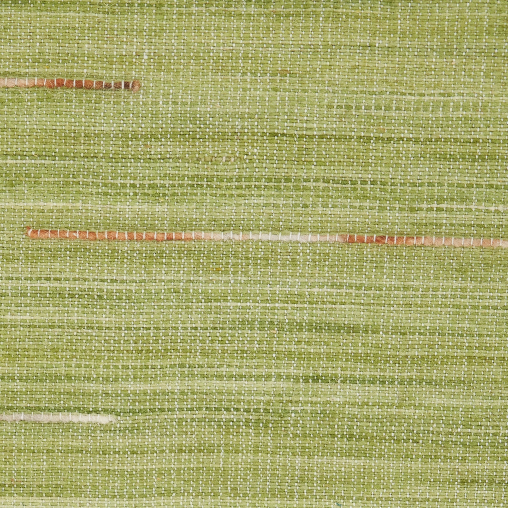 Green woven fabric with a textured linen-like weave & thin pink-orange accent stripes.