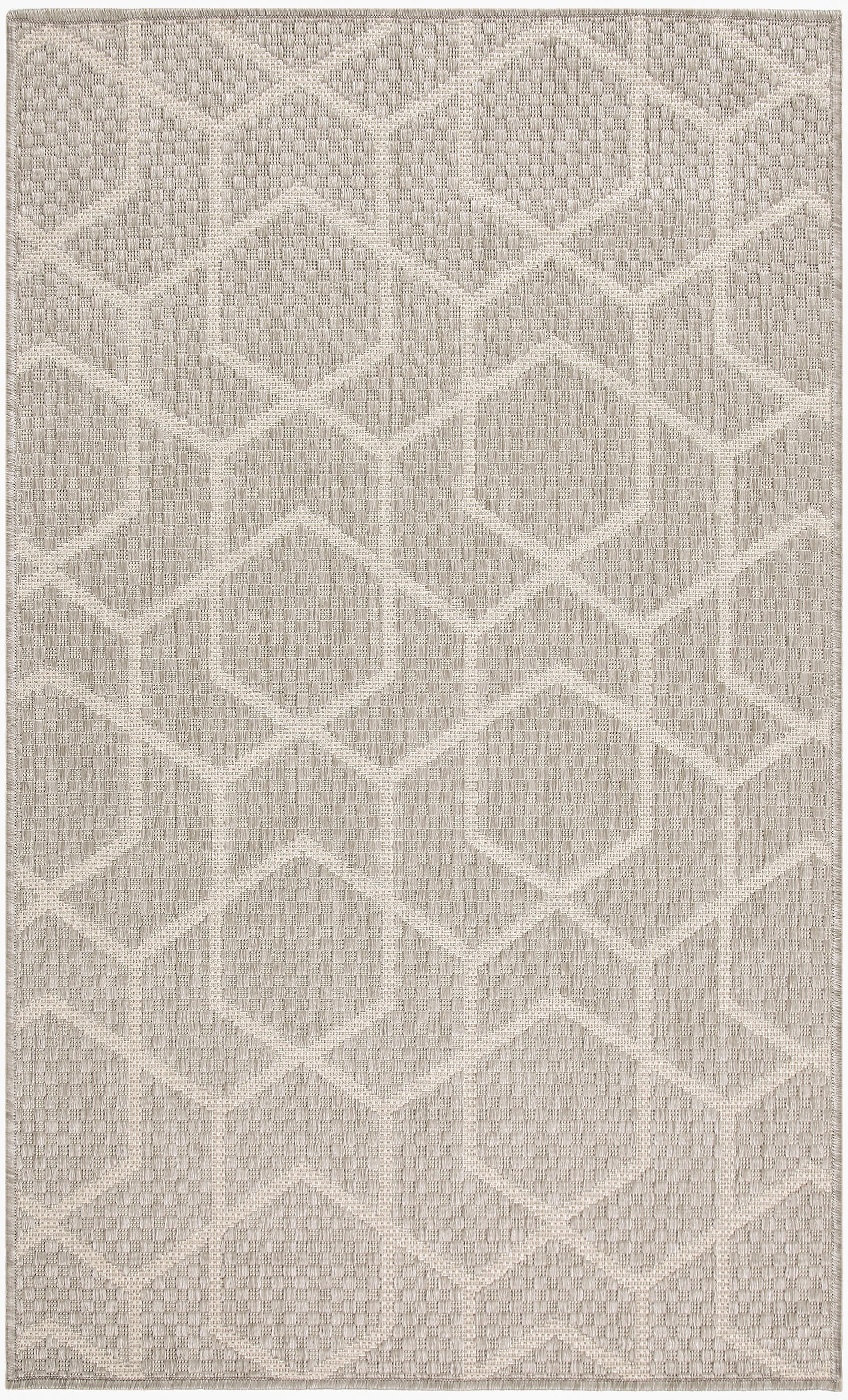 Neutral beige area rug with a raised hexagonal-diamond pattern and textured woven surface.