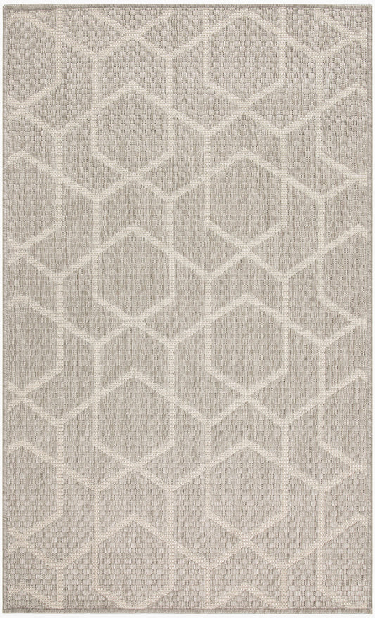 Neutral beige area rug with a raised hexagonal-diamond pattern and textured woven surface.