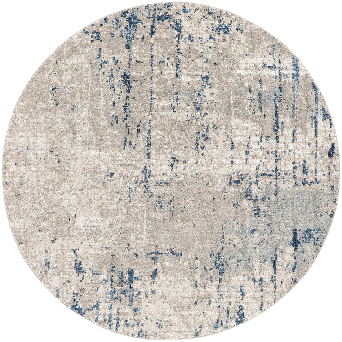 Round abstract area rug in beige and ivory with blue distressed accents; modern textured pile.
