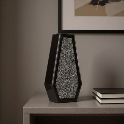 14" Black And Silver Glass Table Vase With Faux Crystals