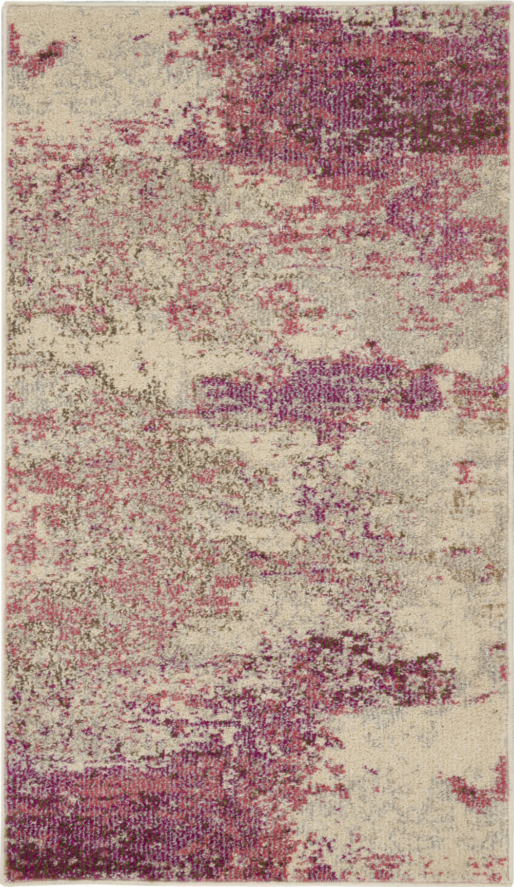 Rectangular area rug with cream base and mauve-purple blotches in a modern distressed abstract pattern.