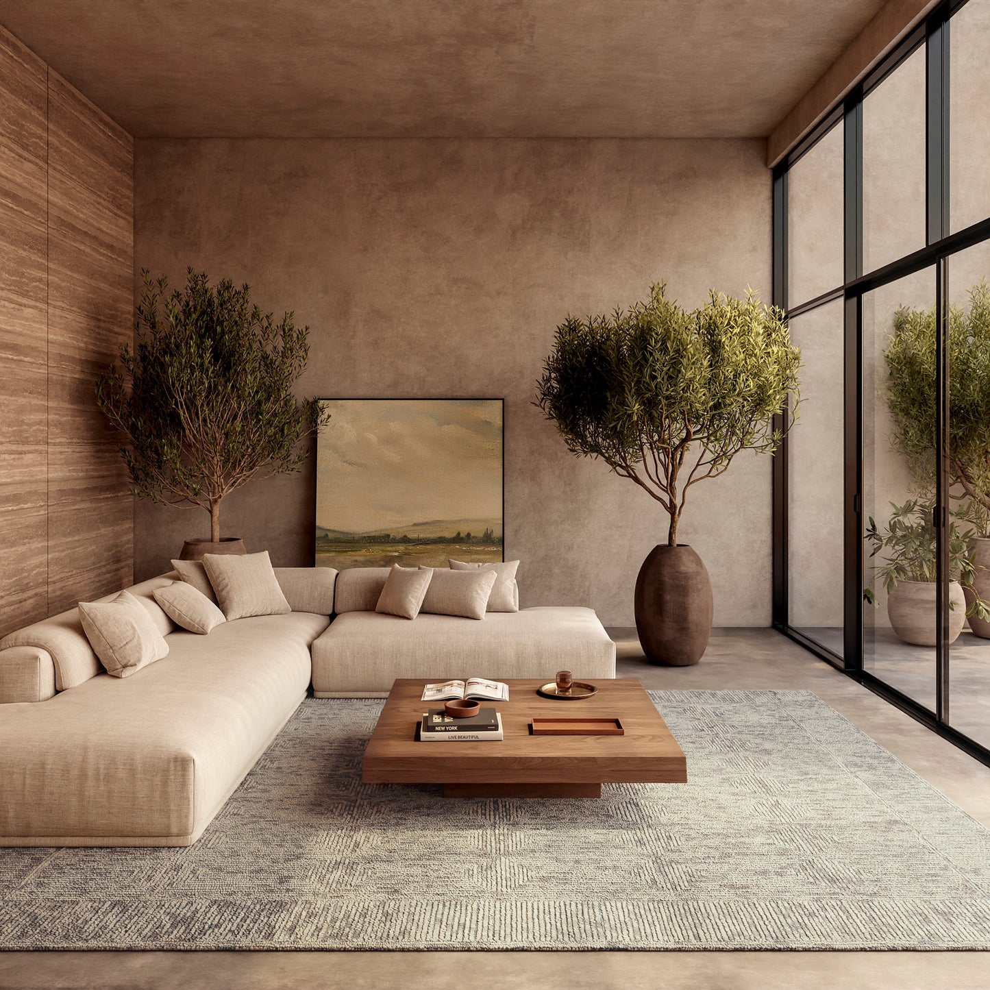 Warm modern living room with a modern rug (8' x 10'), a sectional sofa, wooden coffee table, cushions, potted plants, and floor-to-ceiling glass walls.