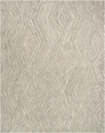 Neutral beige-gray geometric rug (9' x 12') with a repeating diamond pattern and brushed linear texture.