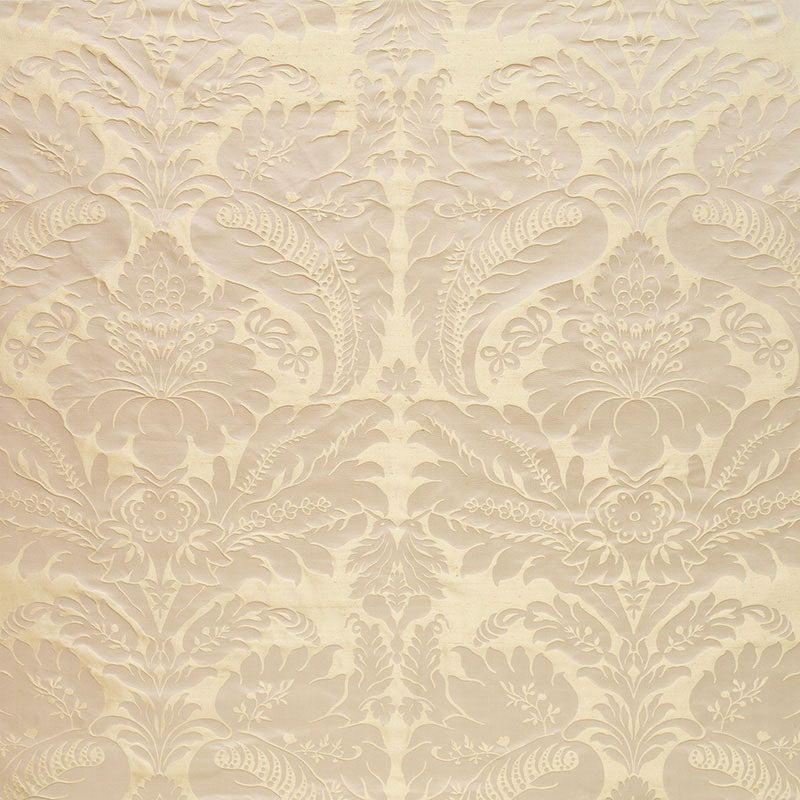 Beige damask silk fabric with an intricate floral scroll pattern.