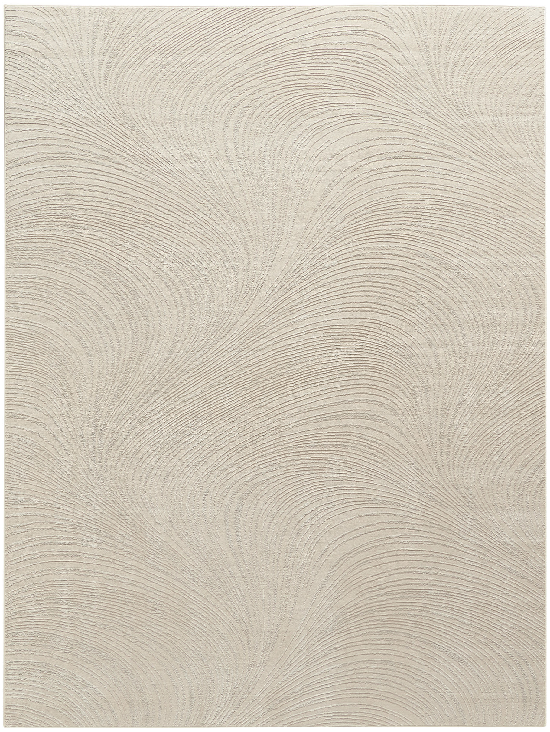 Beige rectangular rug featuring a subtle swirling, wavy linear pattern in tonal tones; woven texture, modern abstract style.