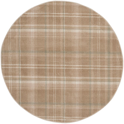 Round beige plaid rug with tan and white lines; woven textile.