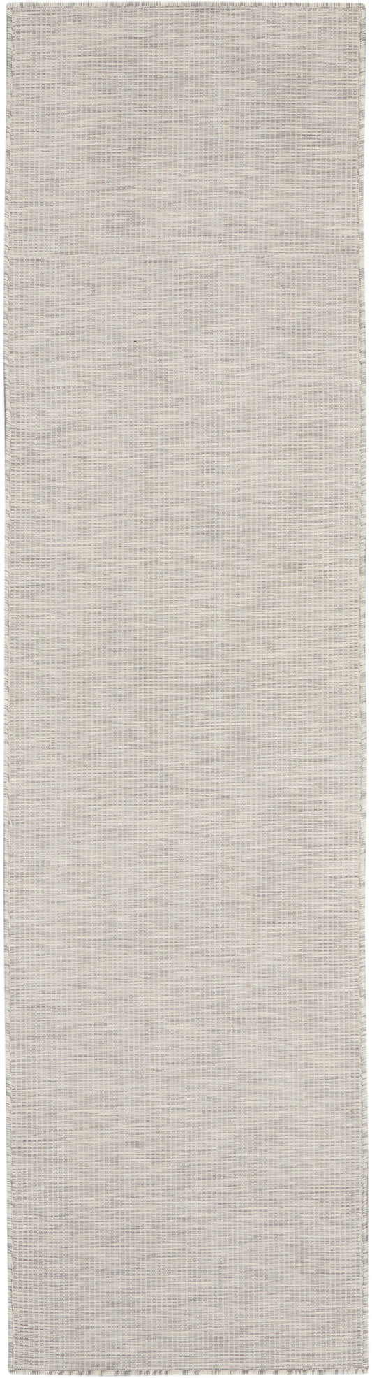 Beige woven rug runner with linen-look texture, subtle grid pattern & finished edges.