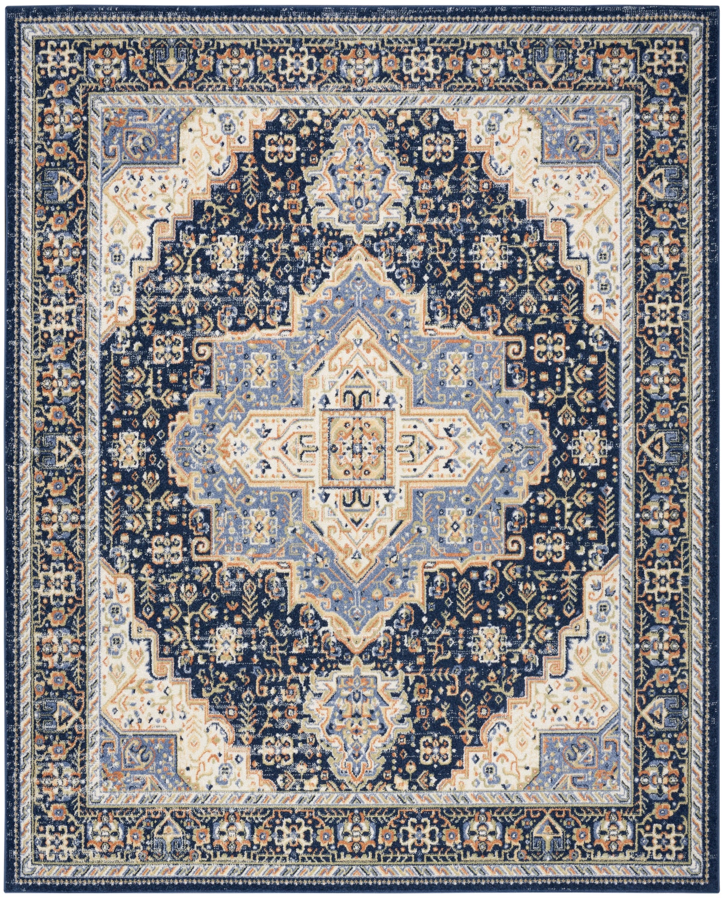 Persian-style area rug with navy field, central light-blue/cream medallion, and cream-gold ornate borders.