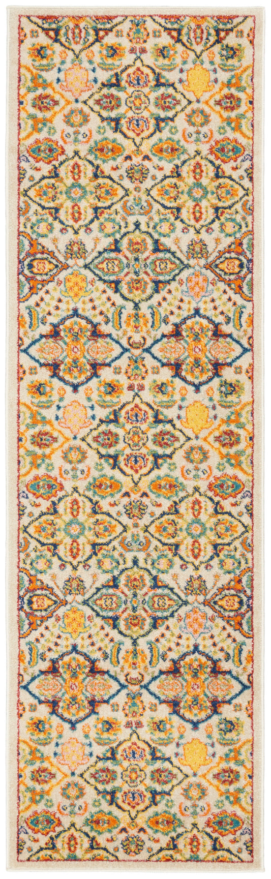 Persian-style rug runner on ivory background with vibrant teal, orange, blue and yellow floral medallions and bordered edges.