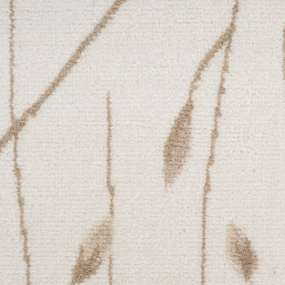 Beige textured fabric with light brown abstract leaf-like lines, resembling a woven rug pattern.