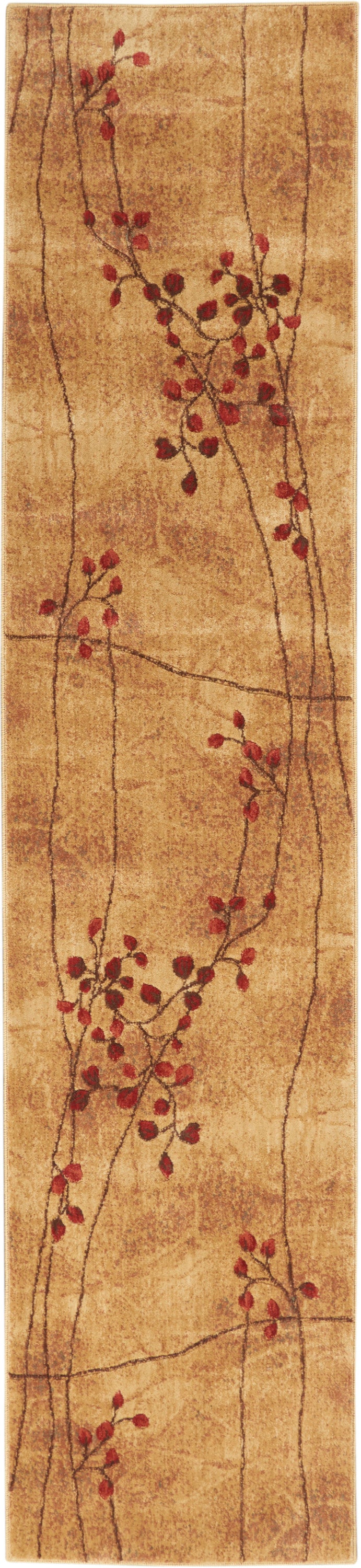 Beige textured runner rug, long and narrow, with dark brown vines and red berry clusters for a botanical look.