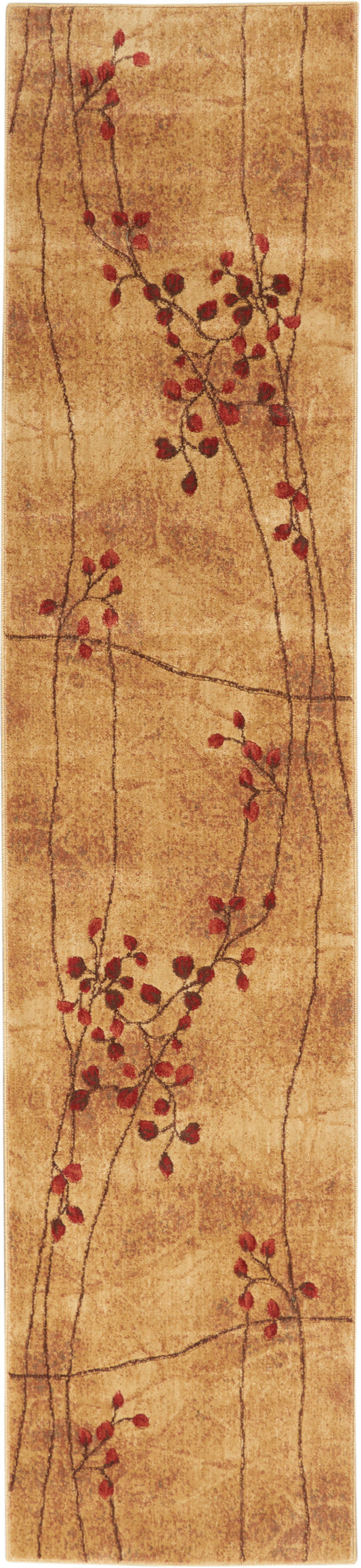 Beige textured runner rug, long and narrow, with dark brown vines and red berry clusters for a botanical look.