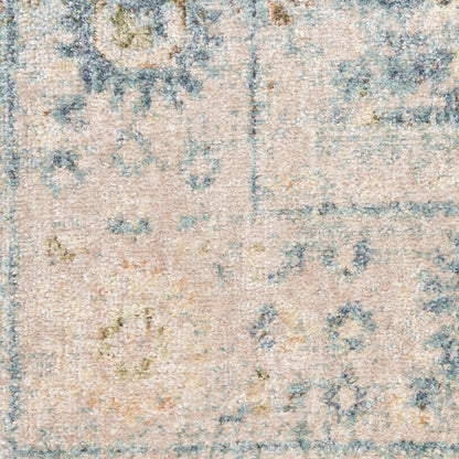 Beige distressed area rug with soft blue floral motif and vintage faded pattern.
