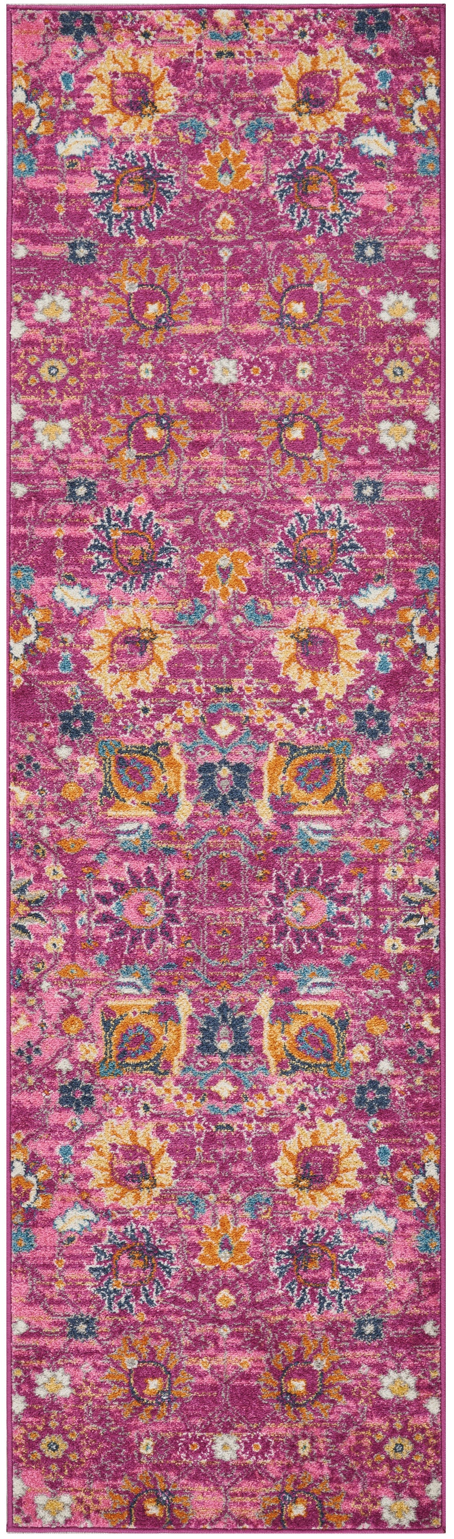 Vibrant pink oriental-style runner rug with yellow sunflowers, teal accents and distressed floral motifs.