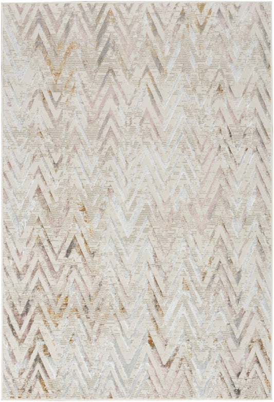 Neutral chevron rug with a distressed beige, ivory and taupe zigzag pattern; soft, low-pile, versatile for the living room.