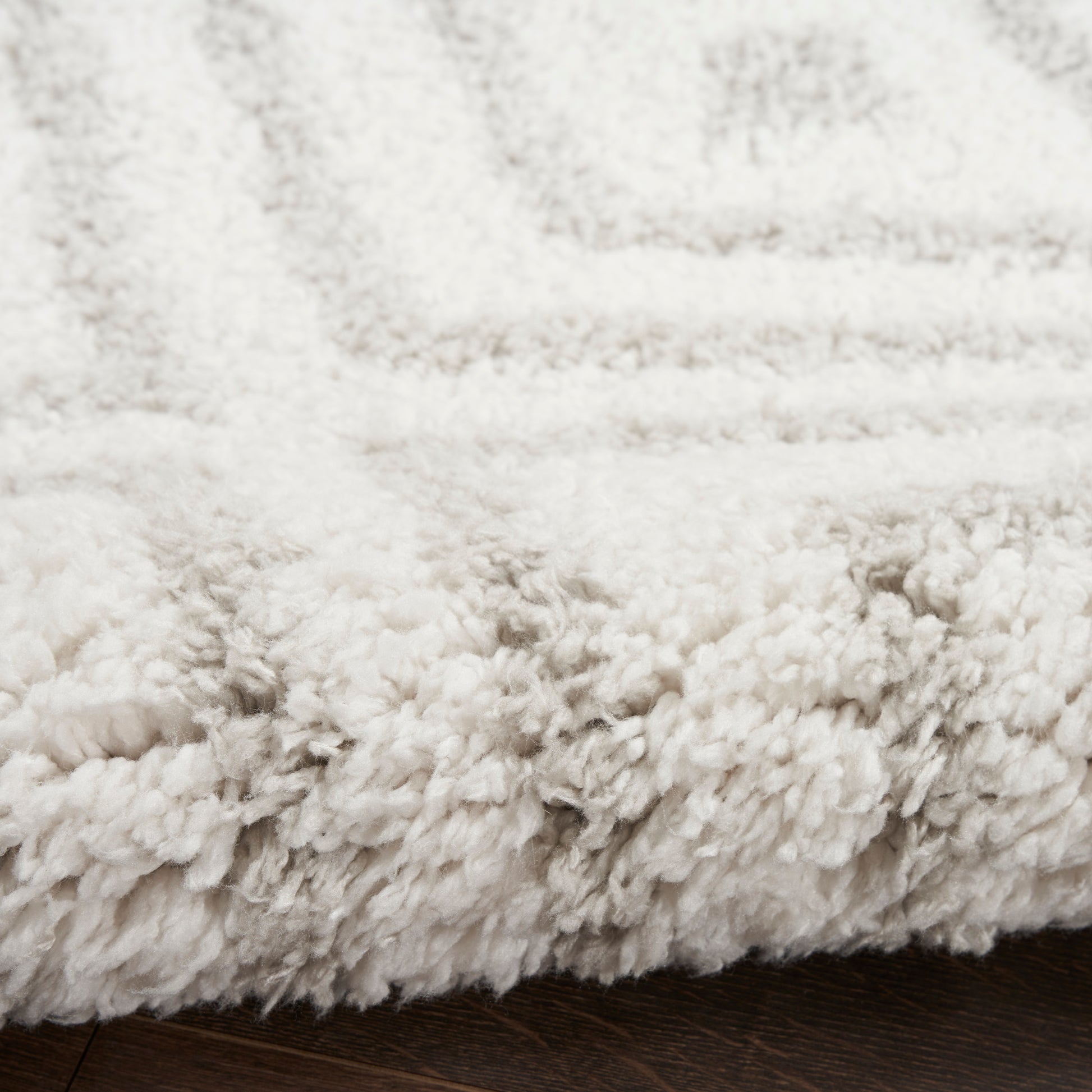 Ivory shag rug with ultra-soft, thick plush pile and visible edge on dark wood floor.