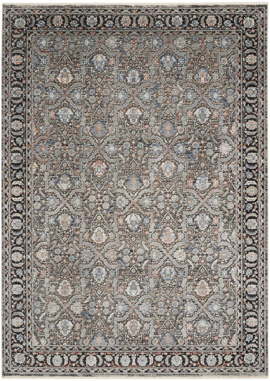 Beige-gray ground with blue and rust tones in an arabesque lattice rug, bordered by a black floral scroll border.
