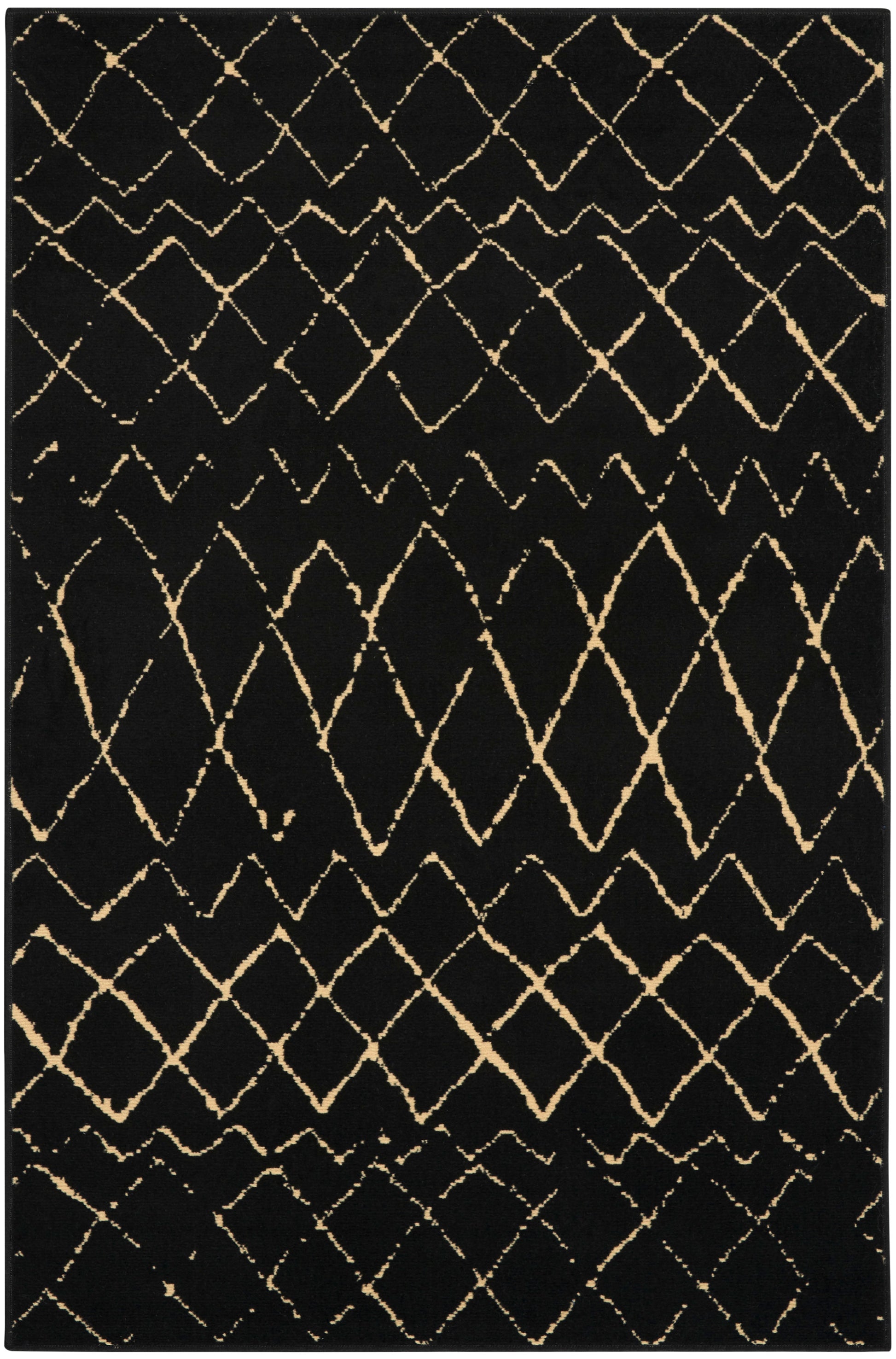Black rug with a gold lattice diamond pattern and a textured shaggy weave.