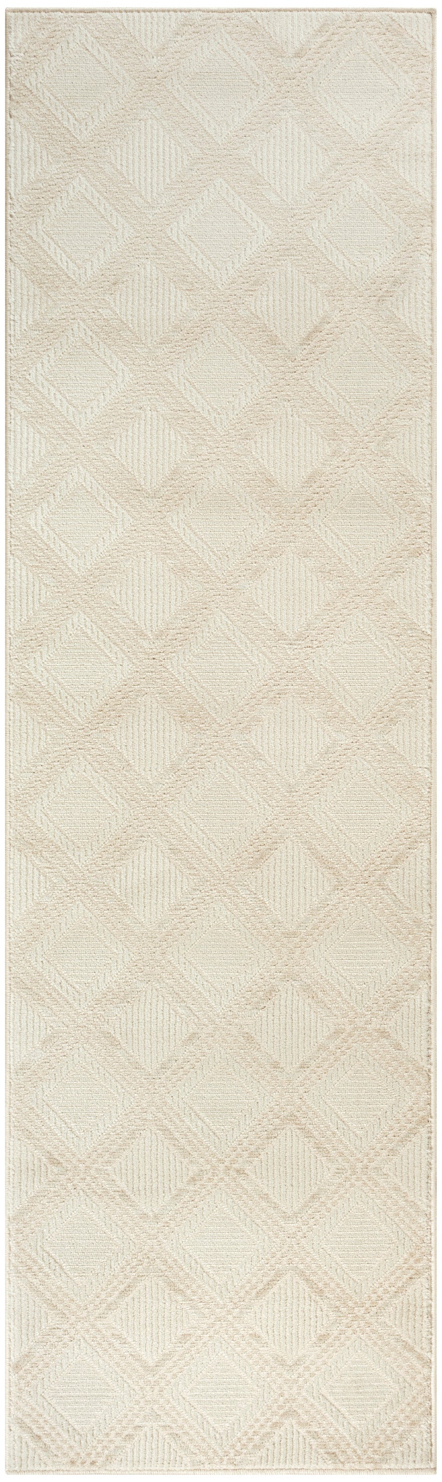 Beige rectangular rug with a raised diamond geometric pattern in cream and tan tones; textured runner.