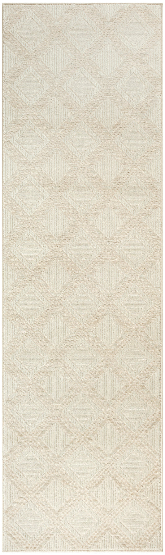 Beige rectangular rug with a raised diamond geometric pattern in cream and tan tones; textured runner.