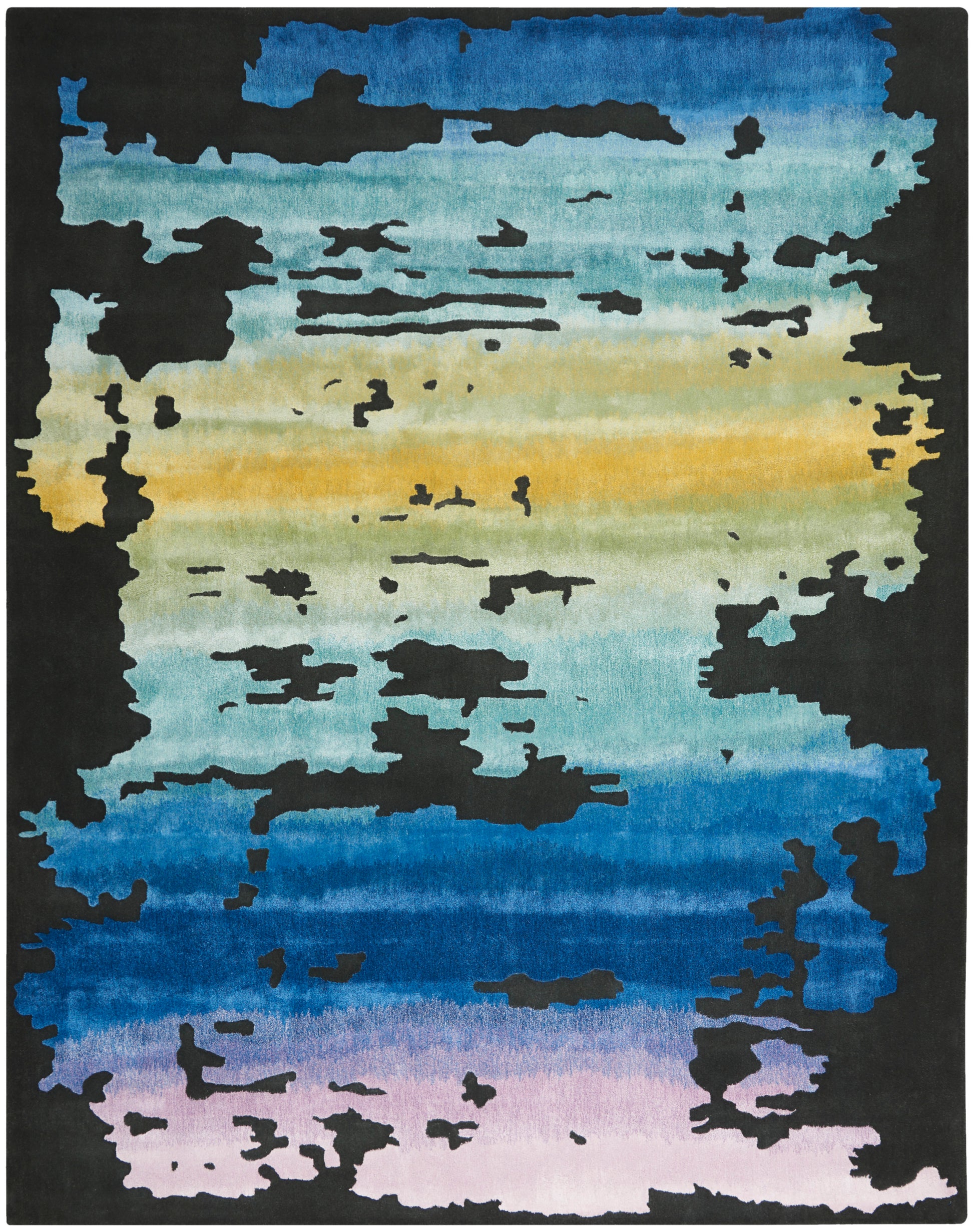 Rectangular abstract area rug with gradient sunset hues from yellow to purple, edged by black irregular shapes.