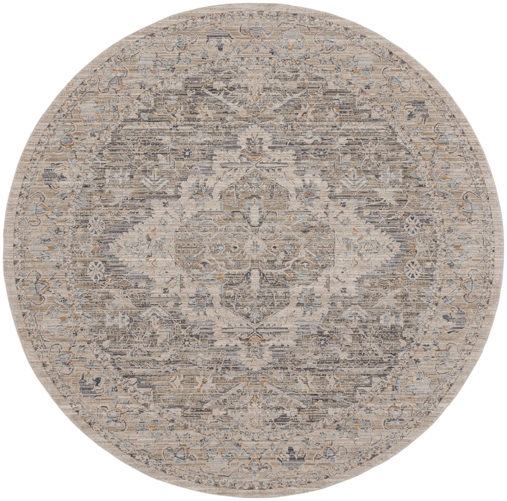 Round distressed beige-gray oriental rug with subtle blue accents, featuring a central medallion and ornate border.
