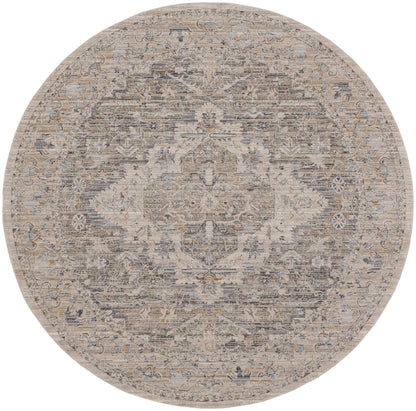 Round distressed beige-gray oriental rug with subtle blue accents, featuring a central medallion and ornate border.