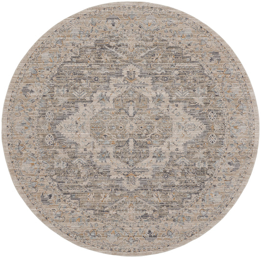Round distressed beige-gray oriental rug with subtle blue accents, featuring a central medallion and ornate border.