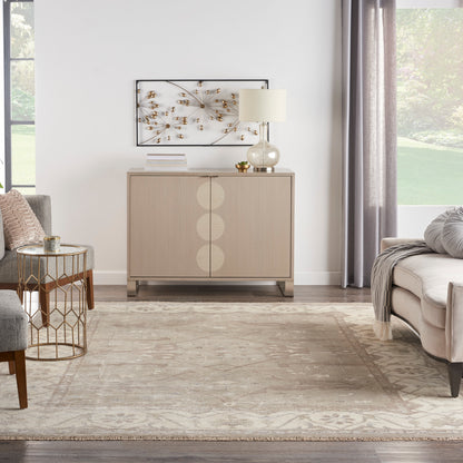 Beige vintage rug in a bright living room.