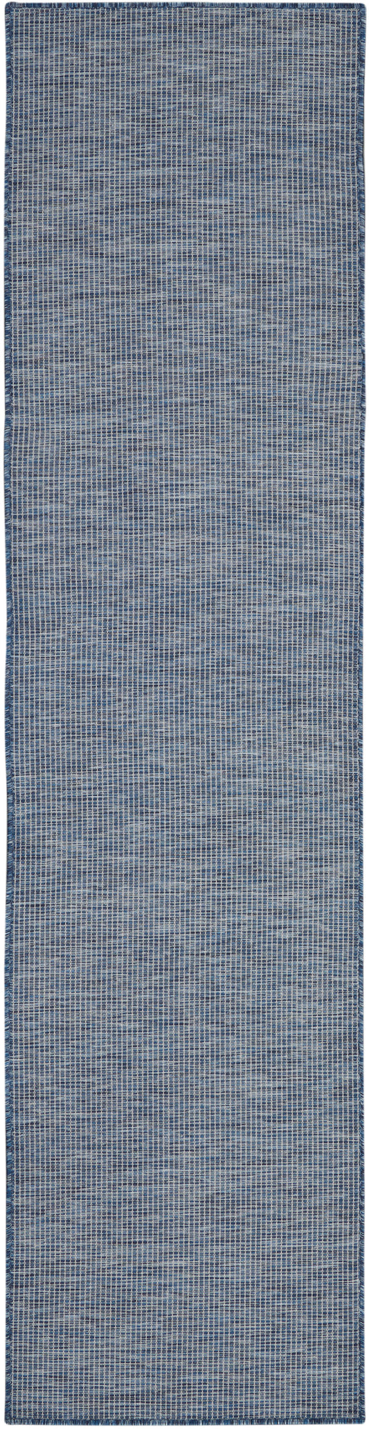 Blue woven runner rug with denim tones and subtle grid pattern, ideal for hallways or entryways.