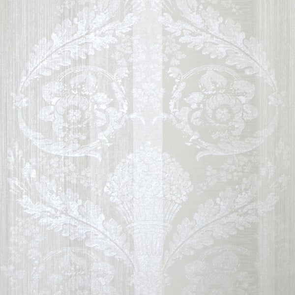 Light gray damask wallpaper with white floral scrolls and a subtle vertical center motif, elegant vintage wall covering.