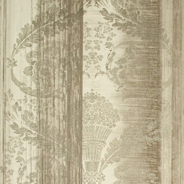Beige & taupe botanical damask wallpaper with vertical panel stripes for vintage home decor.